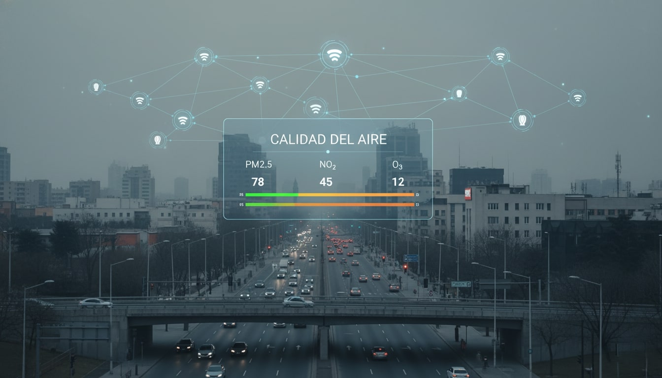 Carretera de una ciudad cubierta por smog, ejemplo de contaminación del aire.